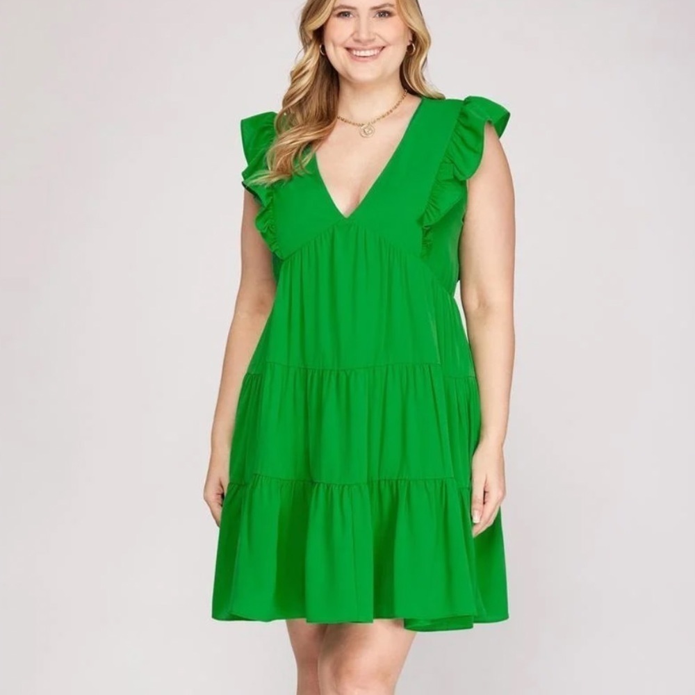 NWT She + Sky Ruffled Smocked V-Neck Mini Above Knee Boho Green Dress Size S